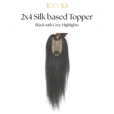 2x4 Silk base - Black with Grey Highlights - Human Hair Topper