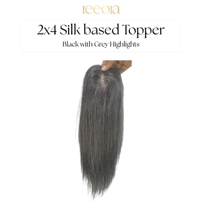 2x4 Silk base - Black with Grey Highlights - Human Hair Topper