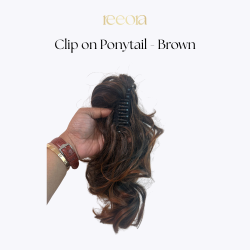Clip-on Pre-Styled Ponytail with Bottom Curls – Brown, Natural Volume, Zero Effort