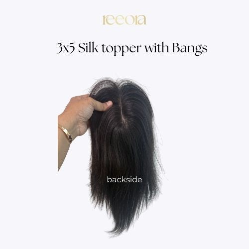 3x5 Silk Base topper with bangs - Black - Human Hair Topper For Women - Great to cover wide center partition (Copy)