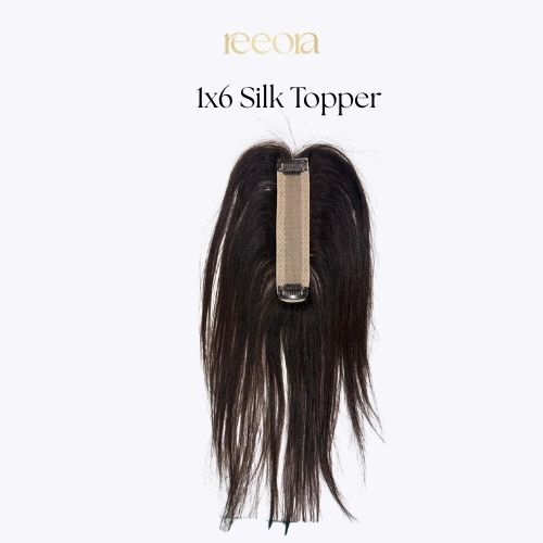 1x6 Silk Base Human Hair Topper for Grey Coverage – Natural Black, Middle Parting Hair Loss Solution