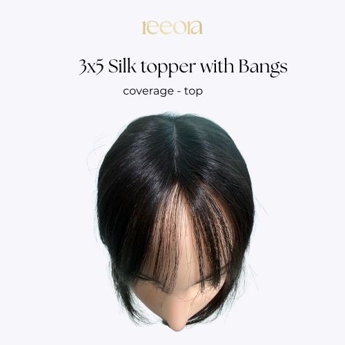 3x5 Silk Base topper with bangs - Black - Human Hair Topper For Women - Great to cover wide center partition (Copy)