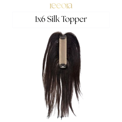 1x6 Silk Base Human Hair Topper for Grey Coverage – Natural Black, Middle Parting Hair Loss Solution