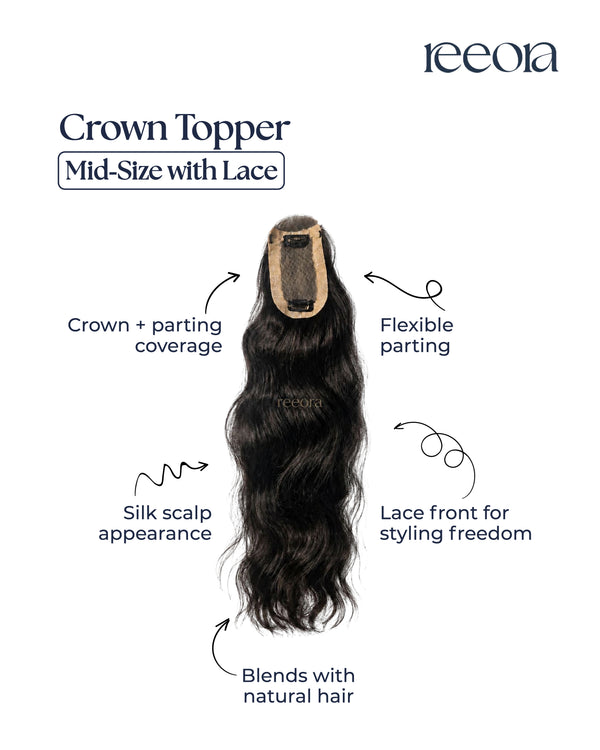 Crown Topper - Mid-Size with Lace | Crown Thinning & Widening Partition | Silk Base with lace in front