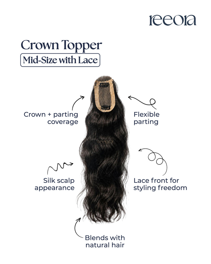 Crown Topper - Mid-Size with Lace | Crown Thinning & Widening Partition | Silk Base with lace in front