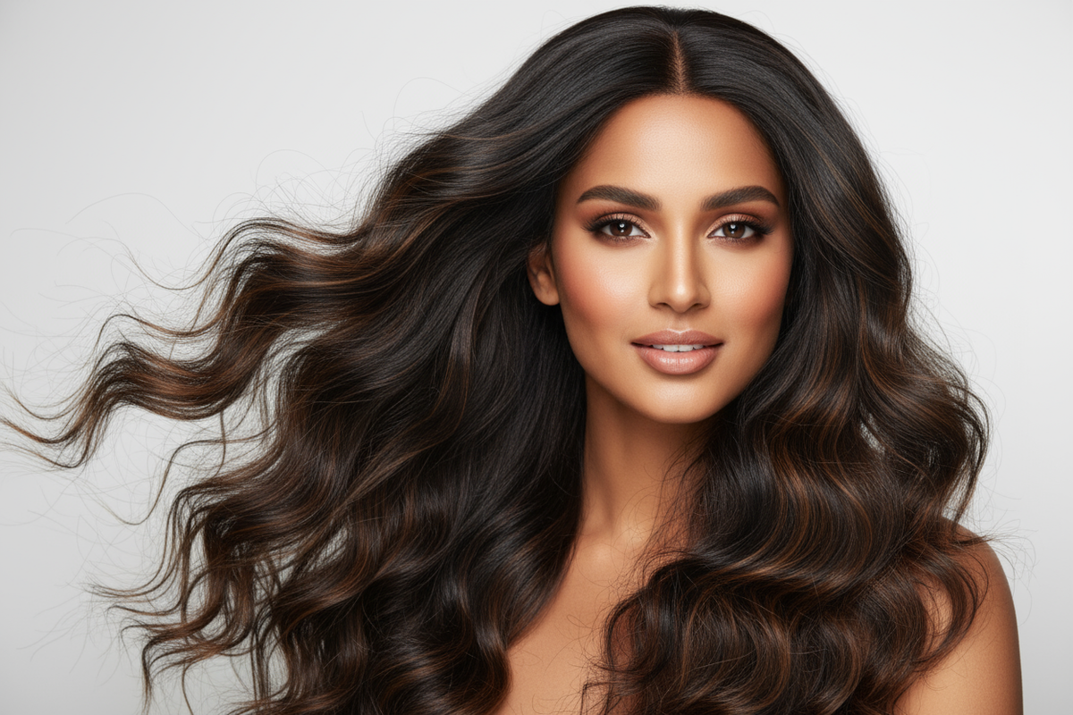 A stunning portrait of a confident, beautiful modern Indian woman with gorgeous flowing human hair wig. The wig should look incredibly natural, luxurious, and premium - showing the shine, movement, and texture of high-quality human hair. The Indian woman model has South Asian features, warm skin tone, and represents contemporary Indian beauty standards. She appears elegant and sophisticated with a natural smile. Soft professional lighting highlights the wig's natural luster and quality. Premium beauty produ