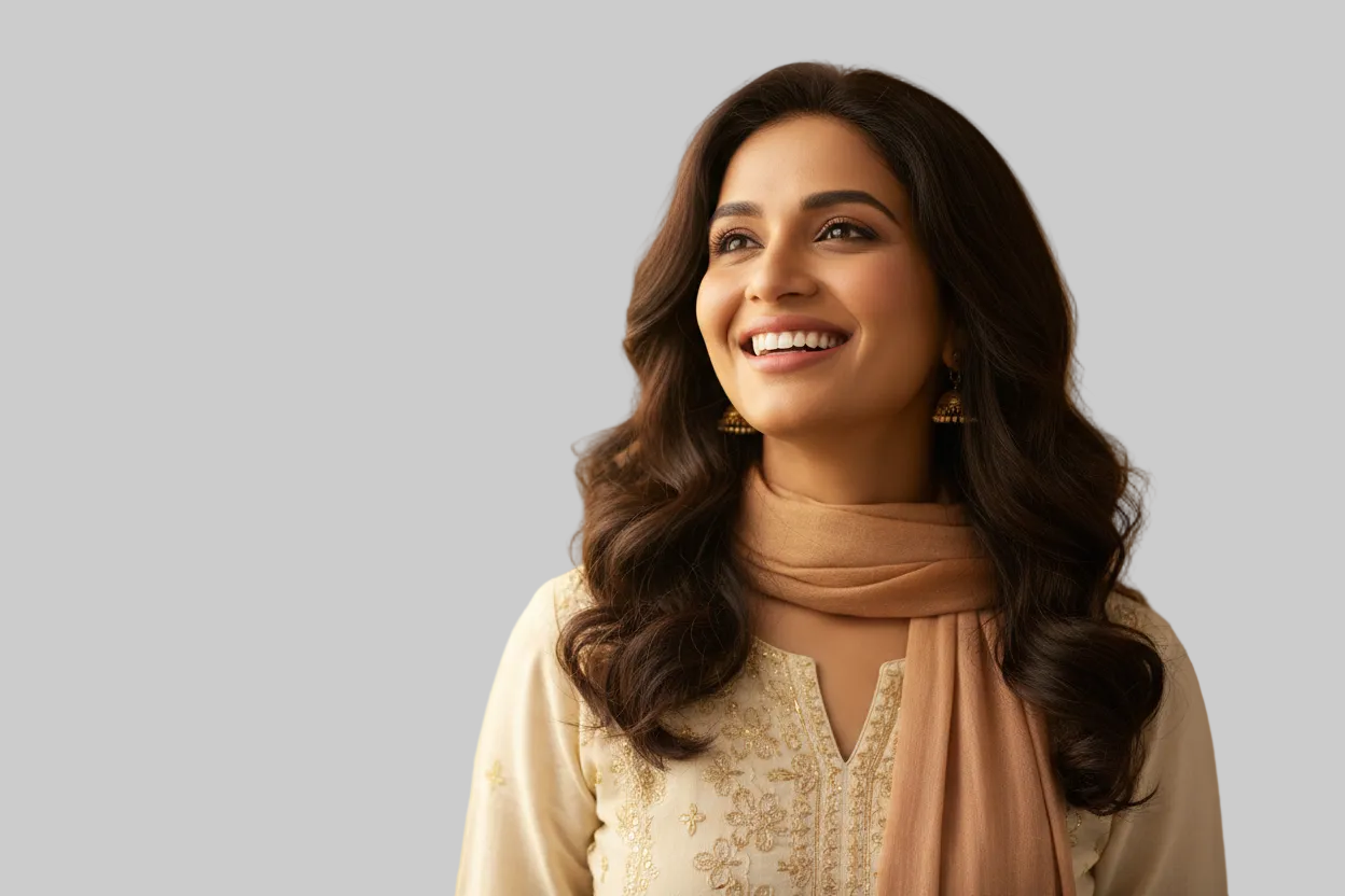 A supportive and hopeful image showing a beautiful woman wearing a natural-looking human hair wig, smiling confidently. Medical cancer support theme with soft, warm lighting. Suitable for Indian audience.