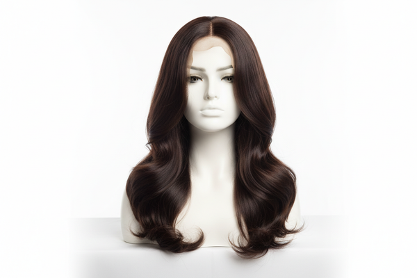 Luxurious premium human hair wig displayed elegantly on a white mannequin head. Rich, natural-looking dark brown hair with beautiful sheen and natural movement. High-end professional product photography showing superior quality and craftsmanship. Suitable for Indian customers.