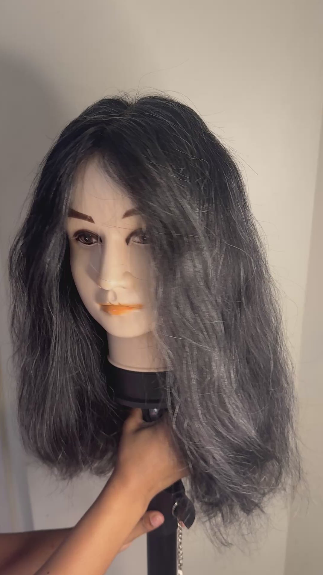 22" Long Black Wig with Grey Strands for Women - 100% Human Hair | Fully Hand Tied Lace Base | Custom Made