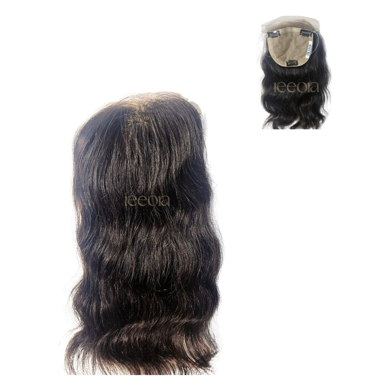 A large crown topper with wavy lengths, shown on the studio white